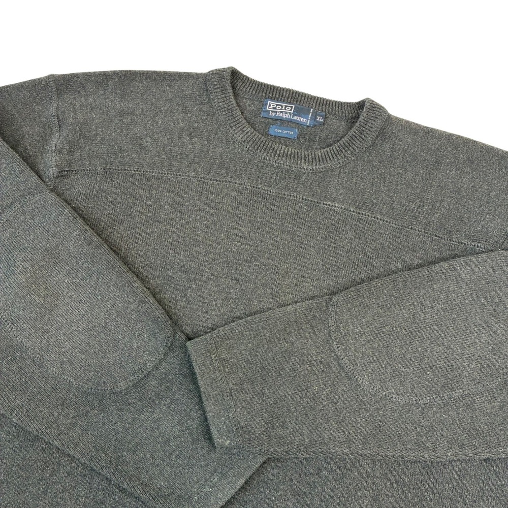Polo Ralph Lauren Sweater Mens XL Gray Cotton Elbow Patch Crewneck Military Knit
